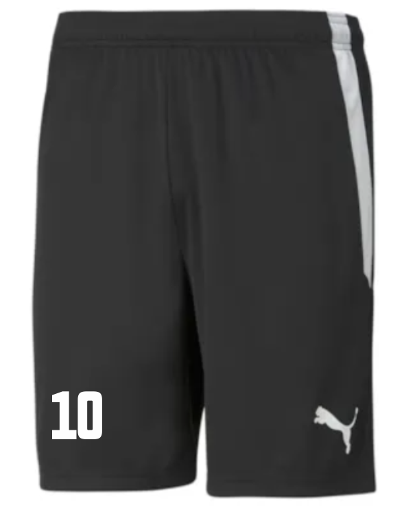 teamLIGA Shorts Schwarz, personalisierbar mit Initialen oder Nummer. Die schwarzen Sportshorts von Puma haben weiße Seitenstreifen, ein weißes Puma-Logo am rechten Bein und die weiße Nummer 10 am linken Bein.