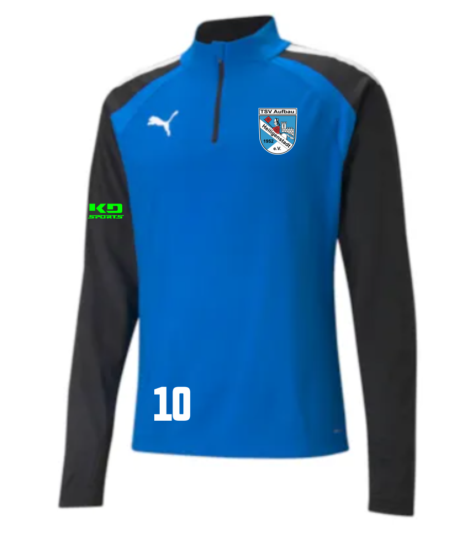teamLIGA Kinder Zip Sweatshirt TSV Aufbau 1952 Heiligenstadt in Blau und Schwarz mit Vereinswappen, Puma-Logo, Nummer 10 und K9 Sports Branding.