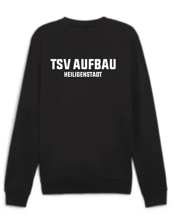 Rückansicht des teamGOAL Damen Sweatshirts in Schwarz mit dem weißen Aufdruck 'TSV AUFBAU' und 'HEILIGENSTADT'.