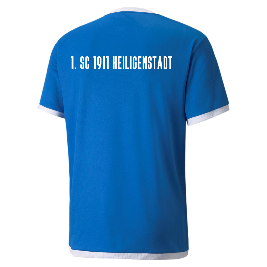 Rückseite des teamLIGA Jersey des 1. SC 1911 Heiligenstadt in Blau mit weißem Schriftzug '1. SC 1911 HEILIGENSTADT' und weißen Abschlüssen an Kragen und Ärmeln.