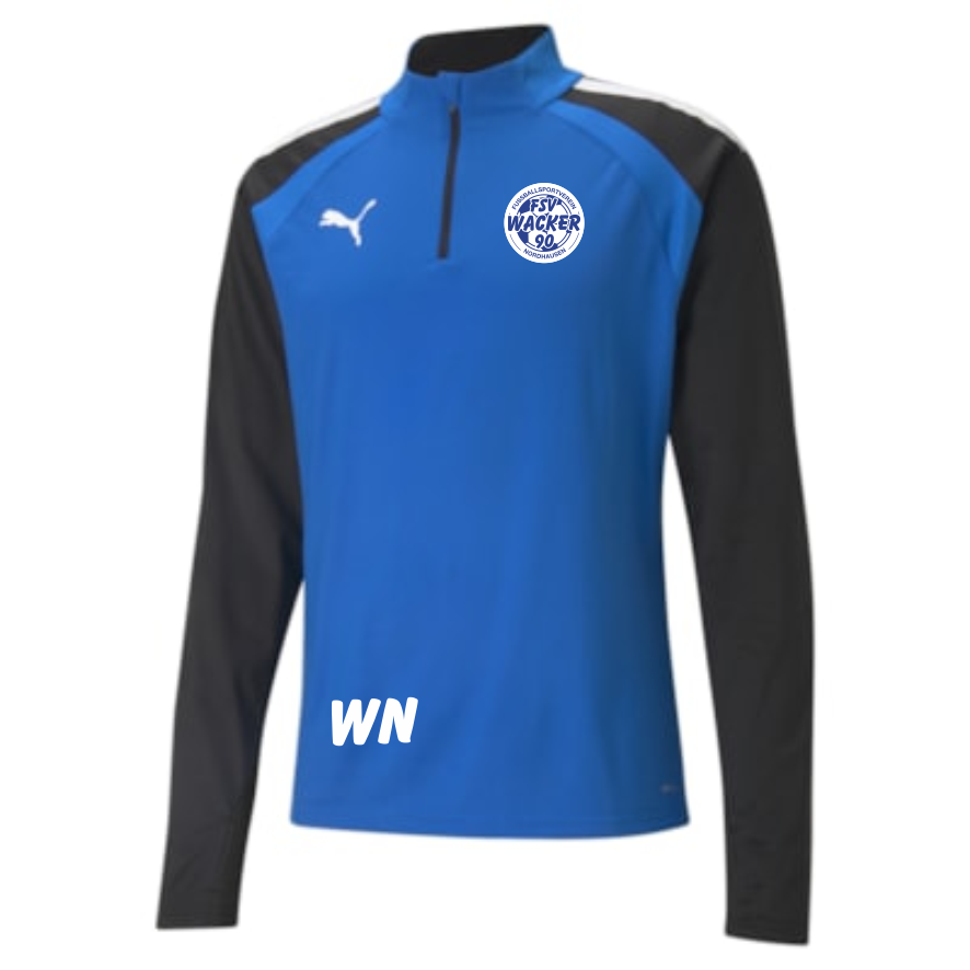 Blau-schwarzes teamLIGA Kinder Zip Sweatshirt von Puma mit langen Ärmeln und einem kurzen Reißverschlusskragen. Auf der linken Brust ist das weiße Puma Logo zu sehen, auf der rechten Brust das runde Emblem des FSV Wacker 90 Nordhausen.