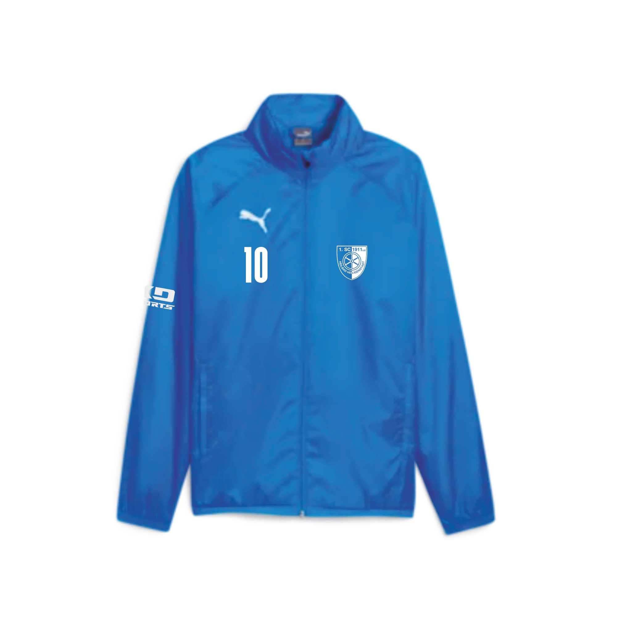Blaue teamGOAL Allwetterjacke des 1. SC 1911 Heiligenstadt mit weißem Puma-Logo, Spielernummer 10 und dem Vereinswappen auf der Brust.