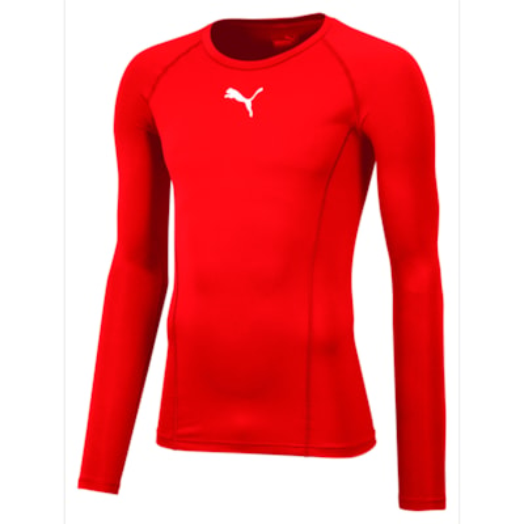Rotes teamLIGA Baselayer langarm Funktionsshirt mit dem weißen Puma Logo auf der linken Brust.