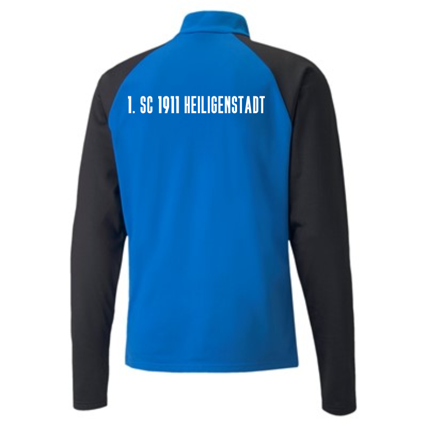Rückansicht des teamLIGA Herren Zip Sweatshirts in Blau und Schwarz, mit dem weißen Aufdruck '1. SC 1911 HEILIGENSTADT' auf dem Rücken.