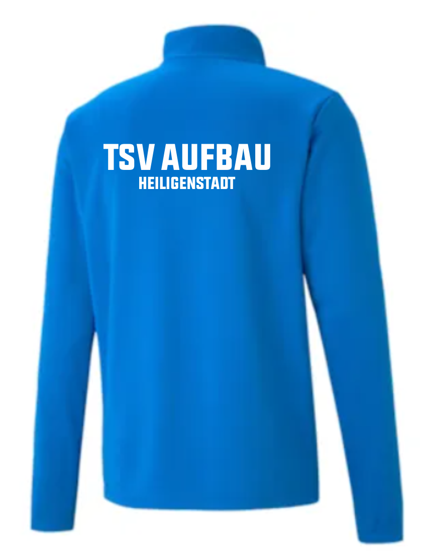 Rückansicht des teamRISE Kinder Zip Sweatshirts in leuchtendem Blau, mit dem weißen Schriftzug 'TSV AUFBAU' und darunter 'HEILIGENSTADT'. Das Sweatshirt hat einen Reißverschluss und einen Stehkragen.