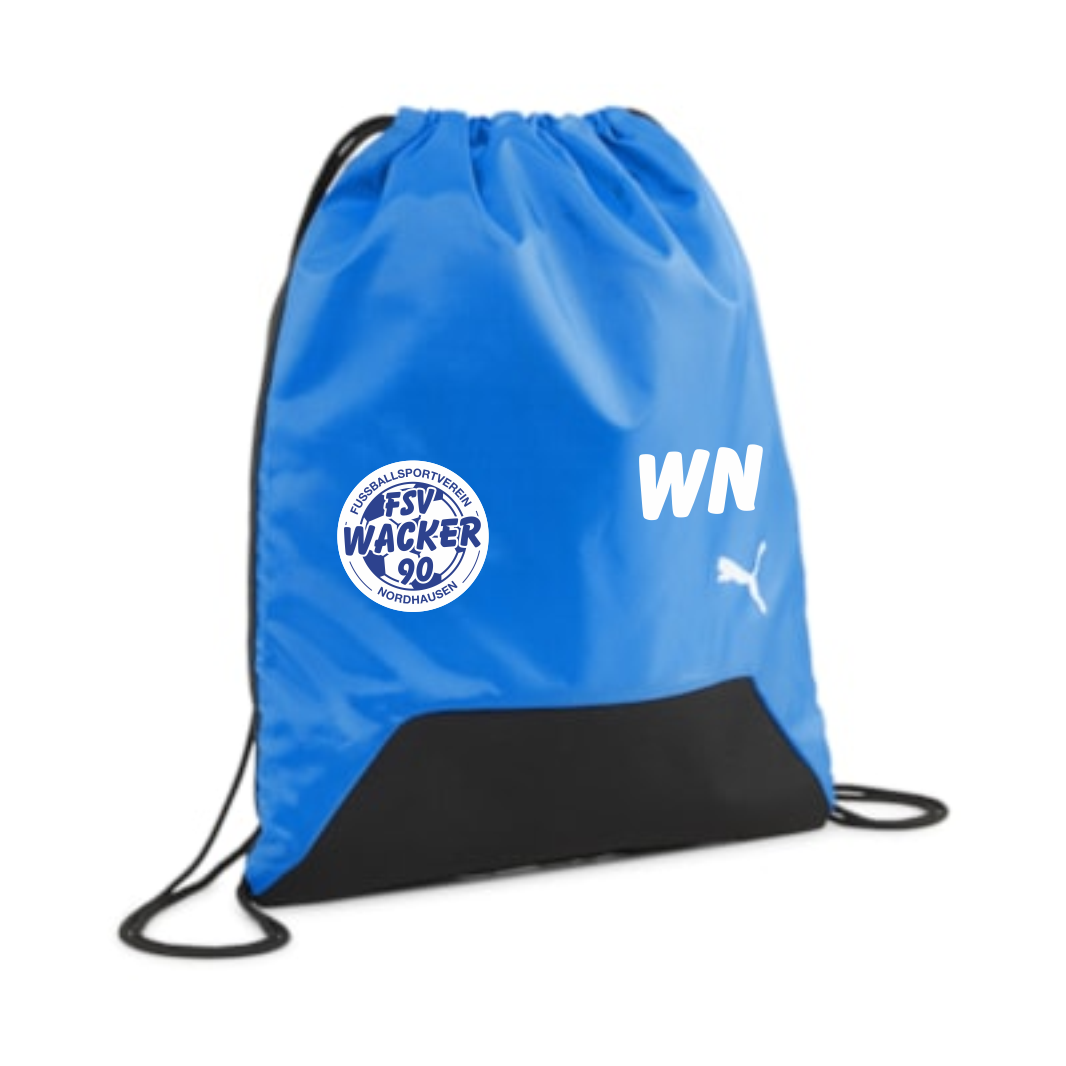 teamGoal Gym Sack FSV Wacker 90 Nordhausen, blau mit schwarzem Boden, weißem FSV Wacker 90 Nordhausen Logo, Initialen WN und Puma-Logo.