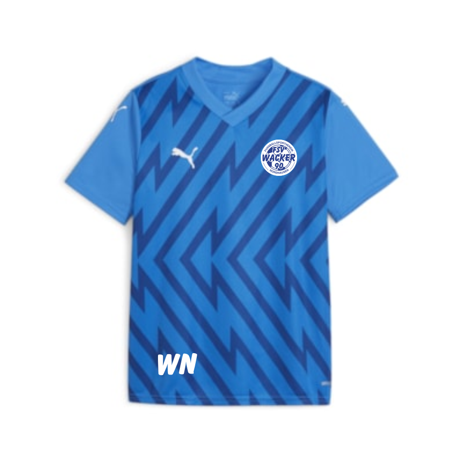 teamGLORY Kinder Jersey - FSV Wacker 90 Nordhausen: Blaues Trikot mit dunklerem geometrischem Zackenmuster, hellblauen Ärmeln, V-Ausschnitt und Vereinslogo.