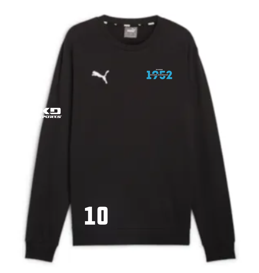 teamGOAL Herren Sweatshirt Schwarz - TSV Aufbau 1952 Heiligenstadt. Schwarzes Langarm-Sweatshirt mit weißem Puma-Logo, hellblauem TSV Aufbau 1952 Heiligenstadt Vereinswappen, weißem KG Sports Logo am linken Ärmel und großer weißer Nummer 10 auf der Vorder