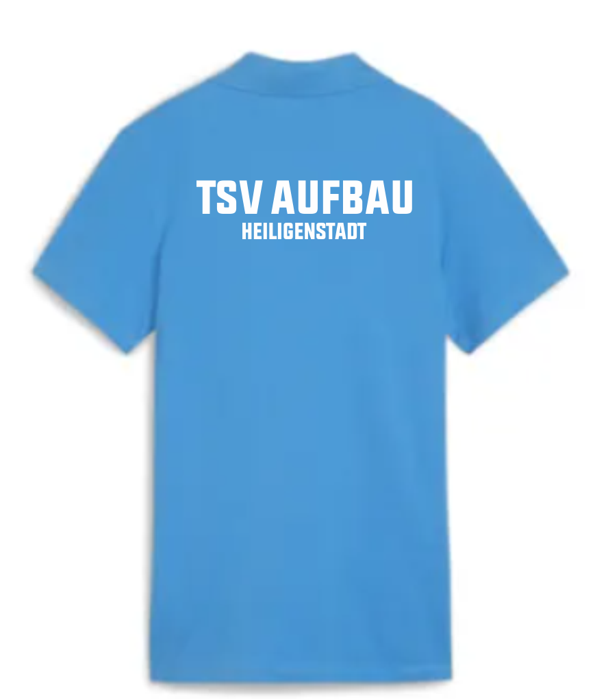 Rückenansicht eines hellblauen teamGOAL Damen Poloshirts mit dem weißen Schriftzug 'TSV AUFBAU HEILIGENSTADT'.