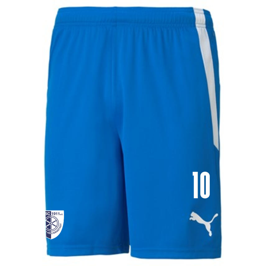 Blaue teamLIGA Shorts vom 1. SC 1911 Heiligenstadt mit weißem Seitenstreifen, Puma Logo und der Spielernummer 10.