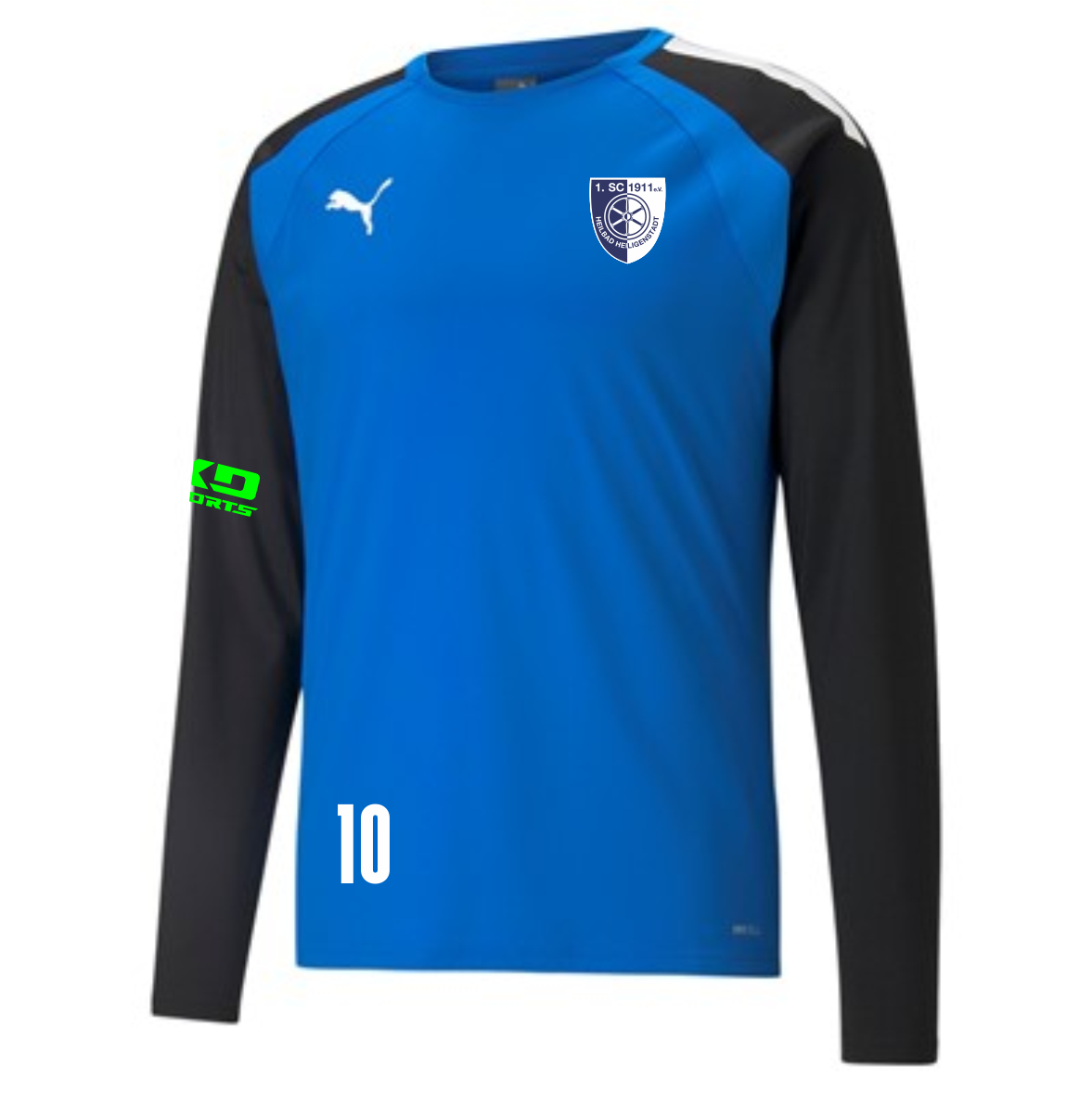 teamLIGA Herren Training Sweatshirt des 1. SC 1911 Heiligenstadt. Das langärmlige Oberteil ist überwiegend königsblau, mit schwarzen Raglanärmeln und einem weißen Streifen an der oberen rechten Schulter. Auf der linken Brust befindet sich das Wappen des 1