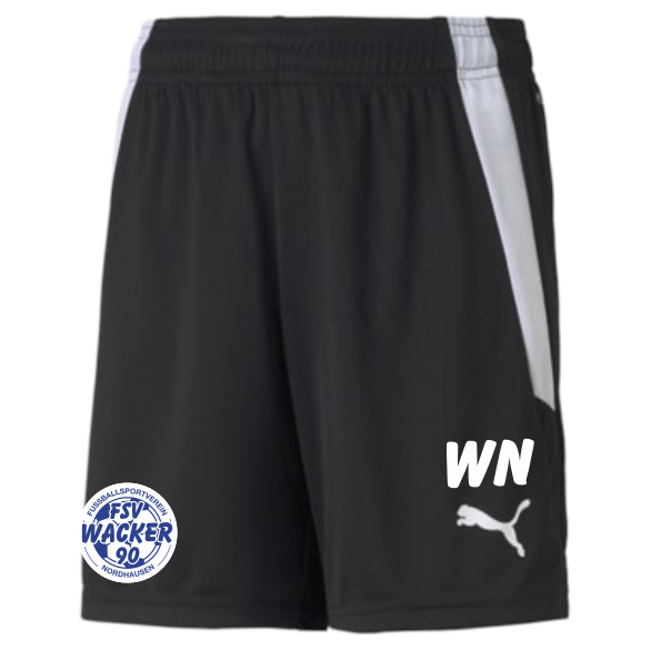 teamLIGA Kinder Shorts in Schwarz mit blau-weißem FSV Wacker 90 Nordhausen Vereinslogo auf dem linken Bein, weißem Puma-Logo und 'WN' auf dem rechten Bein sowie einem weißen Seitenstreifen.