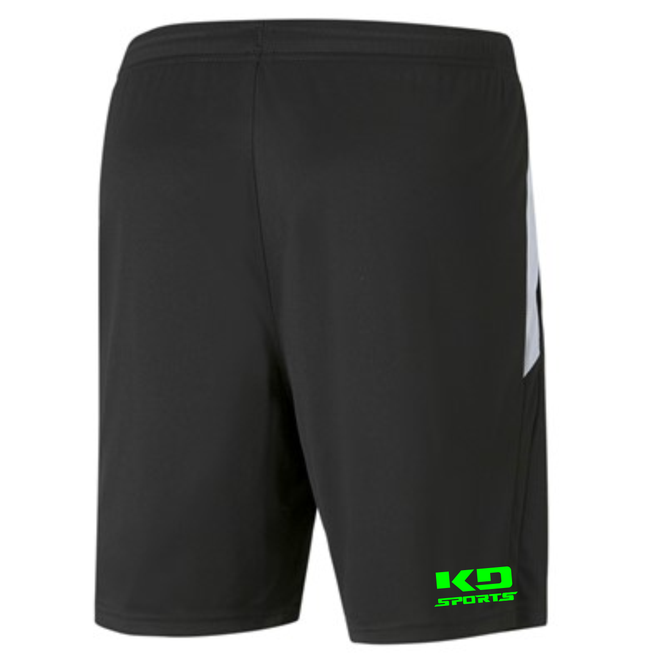 Rückansicht der schwarzen teamLIGA Shorts für den 1. SC 1911 Heiligenstadt, mit weißem Seitenstreifen und grünem K9 SPORTS Logo am rechten Beinabschluss.