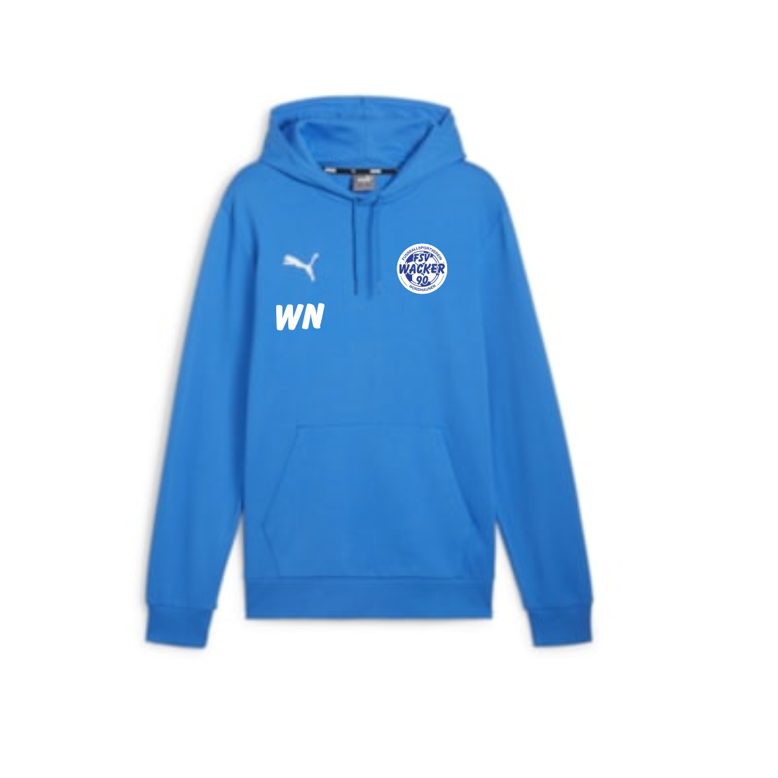 Blauer teamGOAL Hoodie des FSV Wacker 90 Nordhausen mit weißem Puma-Logo, dem Wappen des FSV Wacker 90 Nordhausen und den Initialen WN auf der Brust.