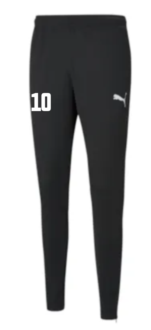 Schwarze teamRISE Kinder Poly Training Pants, personalisiert mit der weißen Zahl '10' auf dem linken Oberschenkel und dem weißen Puma-Logo auf dem rechten Oberschenkel.