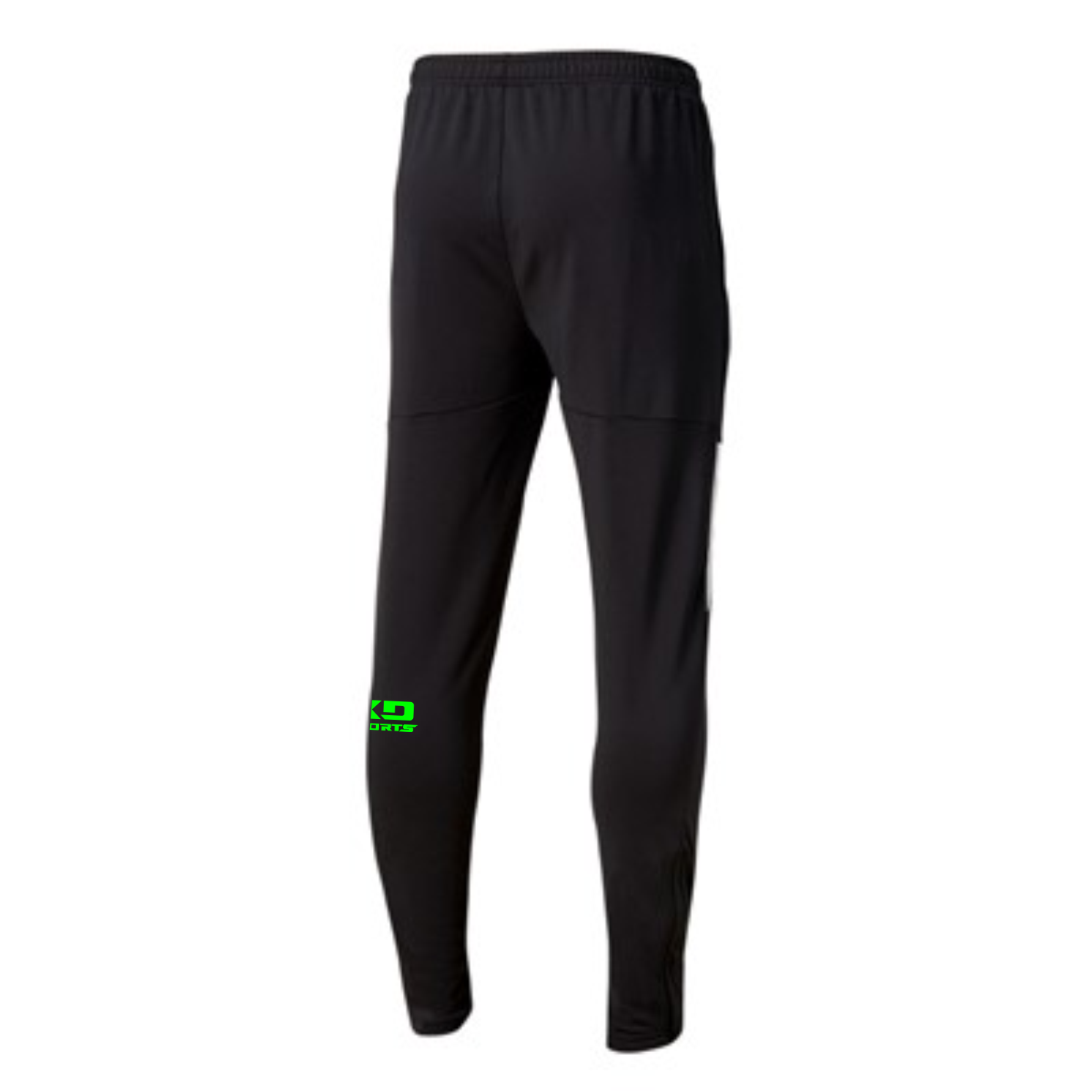 Rückansicht der schwarzen teamLIGA Herren PRO Training Pants - 1. SC 1911 Heiligenstadt, mit grünem Logo am linken Hosenbein und elastischem Bund.