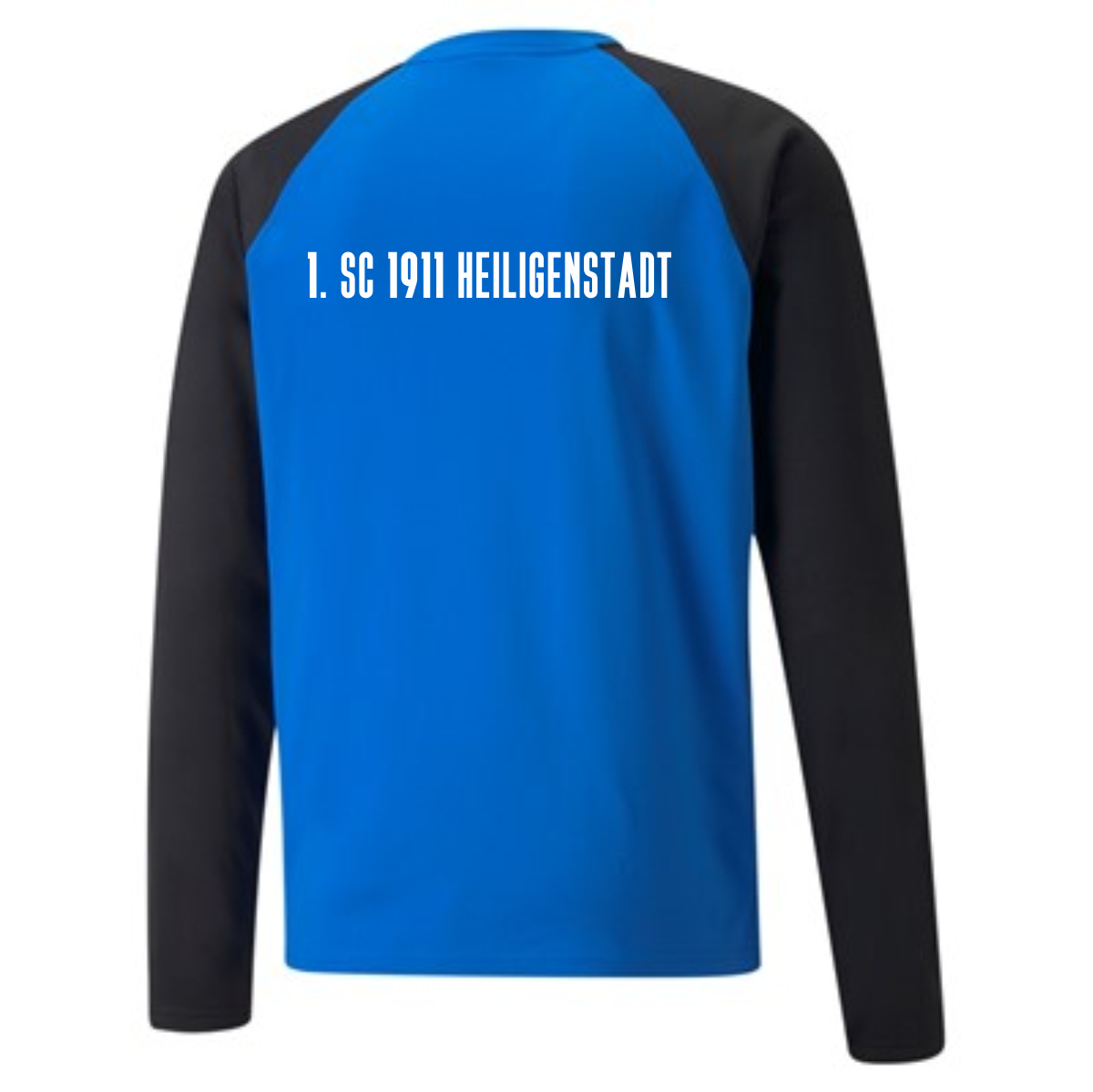 teamLIGA Herren Training Sweatshirt des 1. SC 1911 Heiligenstadt. Rückenansicht des blau-schwarzen Sweatshirts mit dem Schriftzug '1. SC 1911 HEILIGENSTADT' in Weiß auf dem blauen Rücken.