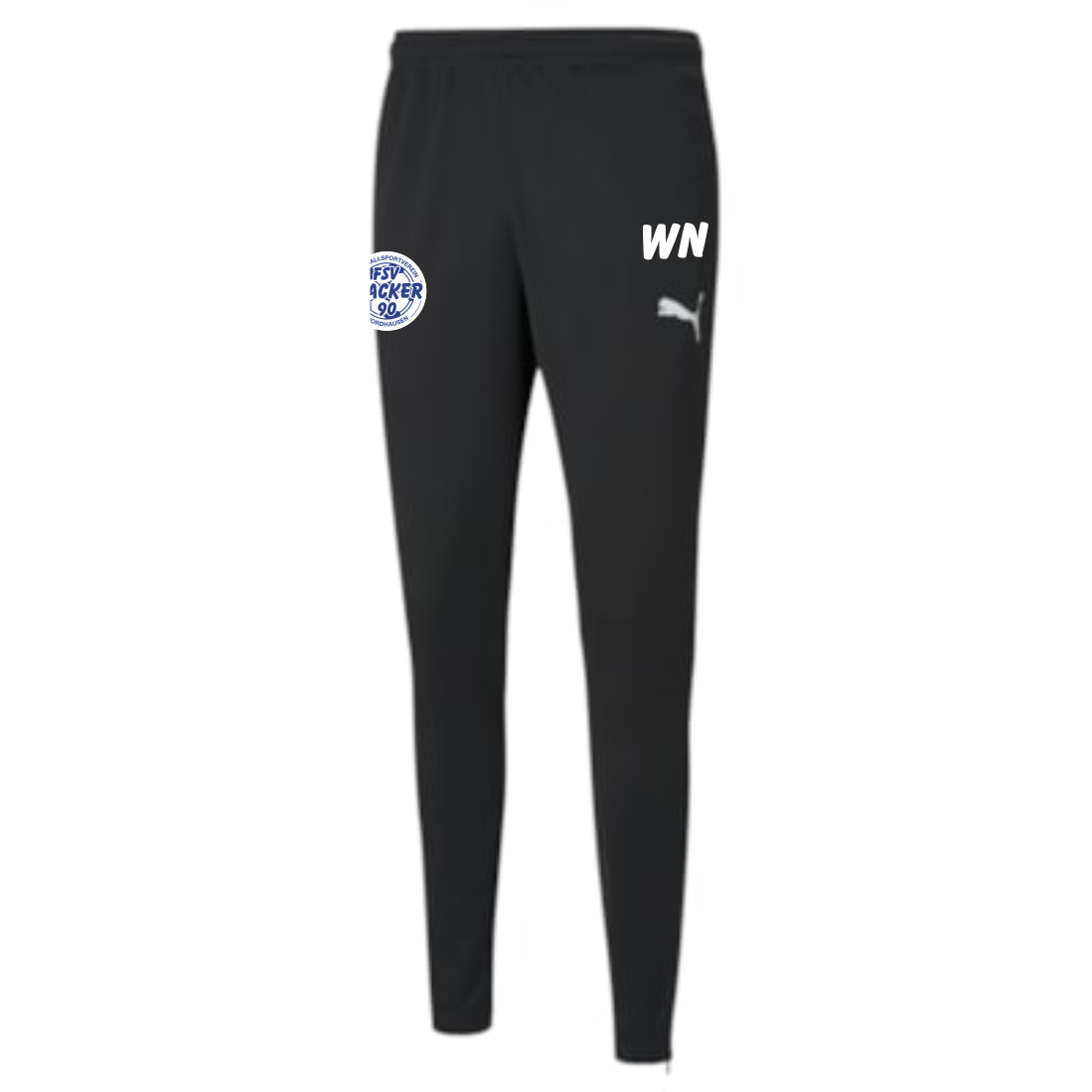 Schwarze teamRISE Herren Poly Training Pants des FSV Wacker 90 Nordhausen, mit dem Vereinslogo auf dem linken und dem Puma-Logo inklusive der Initialen 'WN' auf dem rechten Oberschenkel.