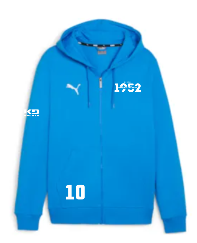 teamGOAL Kinder Kapuzenjacke Blau des TSV Aufbau 1952 Heiligenstadt, mit weißem Puma-Logo, 'KD SPORTS' Schriftzug am Ärmel und der Nummer 10 auf der Vorderseite.