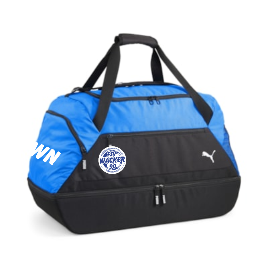 teamGoal Sporttasche mit Bodenfach - FSV Wacker 90 Nordhausen in Blau und Schwarz, mit dem Logo des FSV Wacker 90 Nordhausen und dem Puma-Symbol.