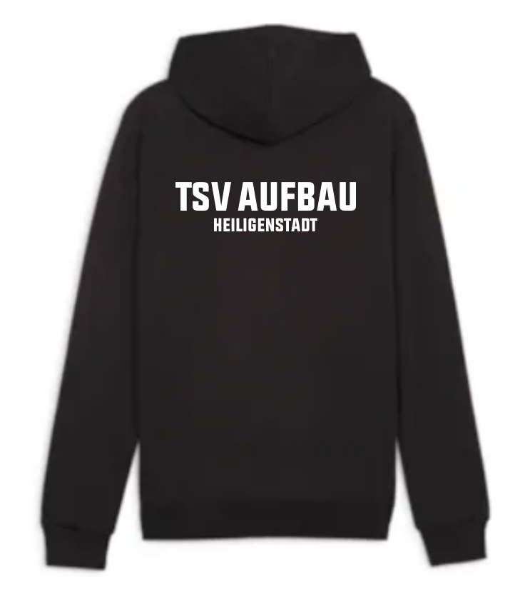 Rückansicht des teamGOAL Kinder Hoodie Schwarz - TSV Aufbau 1952 Heiligenstadt mit dem weißen Aufdruck 'TSV AUFBAU HEILIGENSTADT' auf dem Rücken.