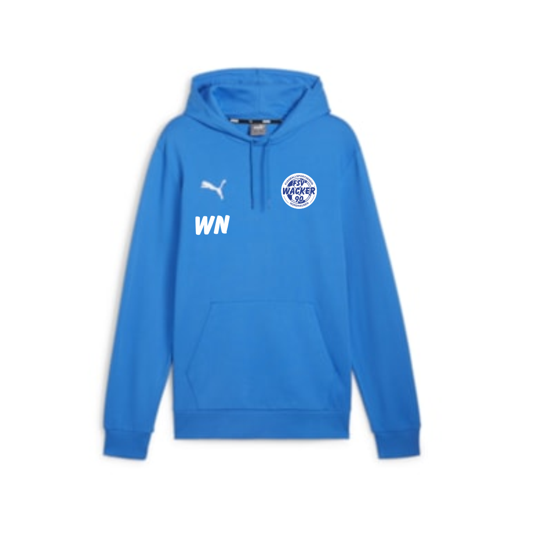 teamGOAL Kinder Hoodie FSV Wacker 90 Nordhausen in leuchtendem Blau mit Kapuze, weißem Puma-Logo auf der linken Brust, dem runden Vereinslogo von FSV Wacker 90 Nordhausen auf der rechten Brust und den weißen Initialen WN darunter.