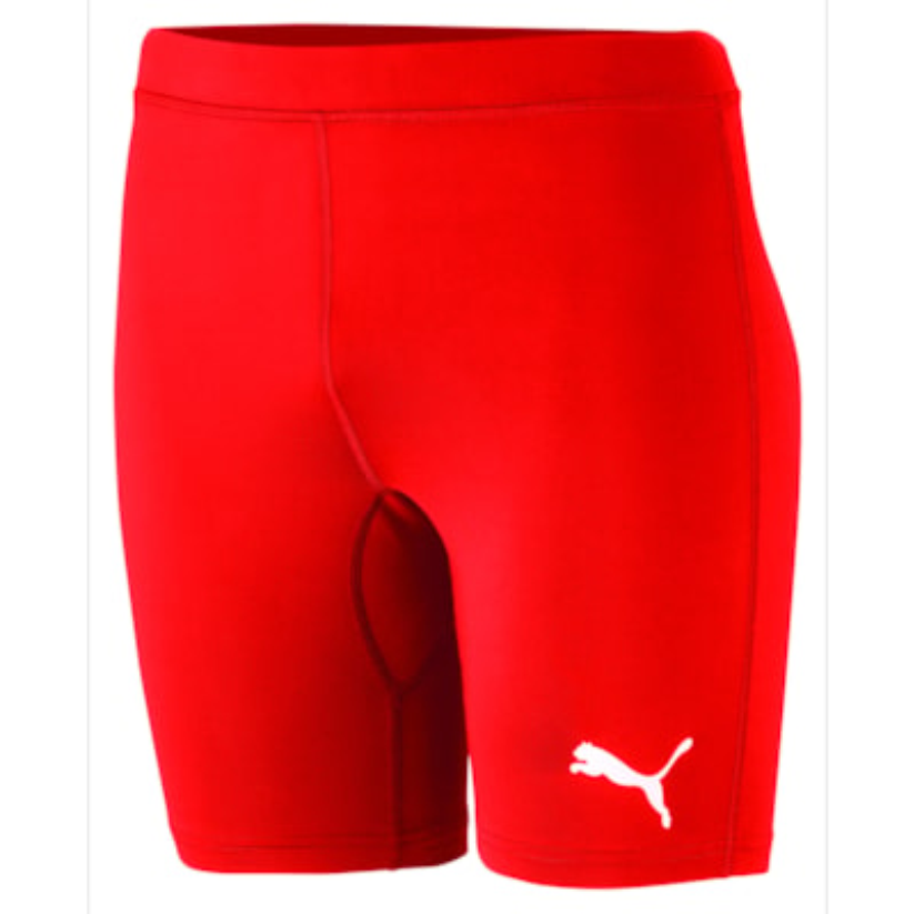 Rote teamLIGA Baselayer Funktionsshorts von Puma mit weißem Puma Logo auf der linken Seite.