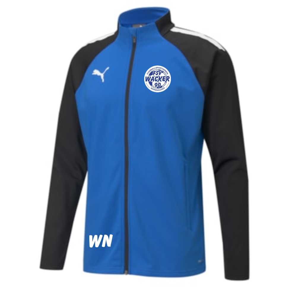 teamLIGA Kinder Training Jacke - FSV Wacker 90 Nordhausen. Blaue und schwarze Trainingsjacke mit durchgehendem Reißverschluss, Stehkragen, weißem Puma-Logo auf der rechten Brust und dem runden Vereinslogo des FSV Wacker 90 Nordhausen auf der linken Brust.