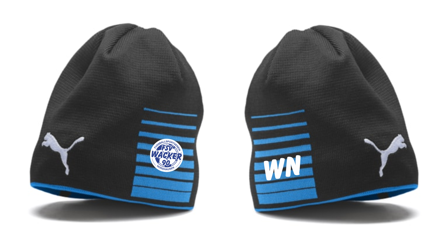 PUMA LIGA Wende-Beanie FSV Wacker 90 Nordhausen in Schwarz mit blauen Streifen und Rand; eine Seite zeigt das runde Vereinslogo, die andere den 'WN' Schriftzug. Beide Seiten mit weißem PUMA Logo.