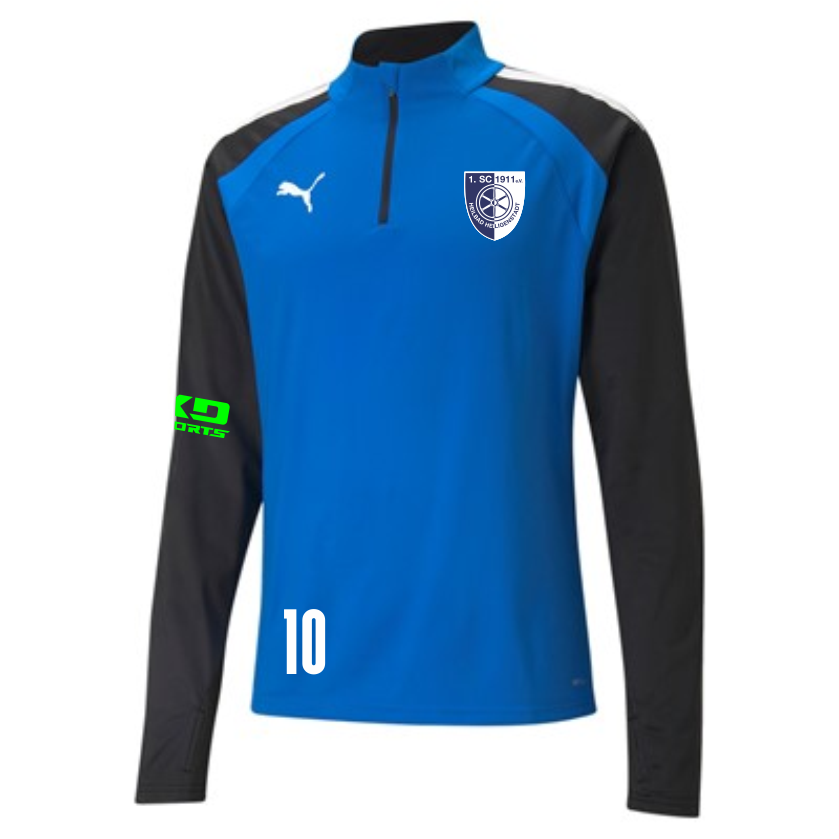 teamLIGA Herren Zip Sweatshirt des 1. SC 1911 Heiligenstadt in Blau und Schwarz. Es hat einen Viertelreißverschluss, zeigt das Puma Logo, das Vereinswappen des 1. SC 1911 Heiligenstadt, den grünen KD SPORTS Schriftzug am linken Ärmel und die weiße Nummer