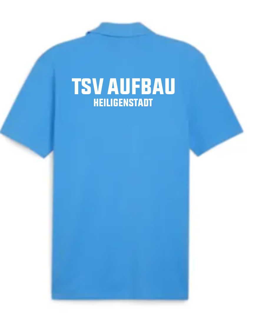 Rückansicht des hellblauen teamGOAL Herren Poloshirts (1952 Logo) - TSV Aufbau 1952 Heiligenstadt, mit dem weißen Aufdruck 'TSV AUFBAU HEILIGENSTADT'.