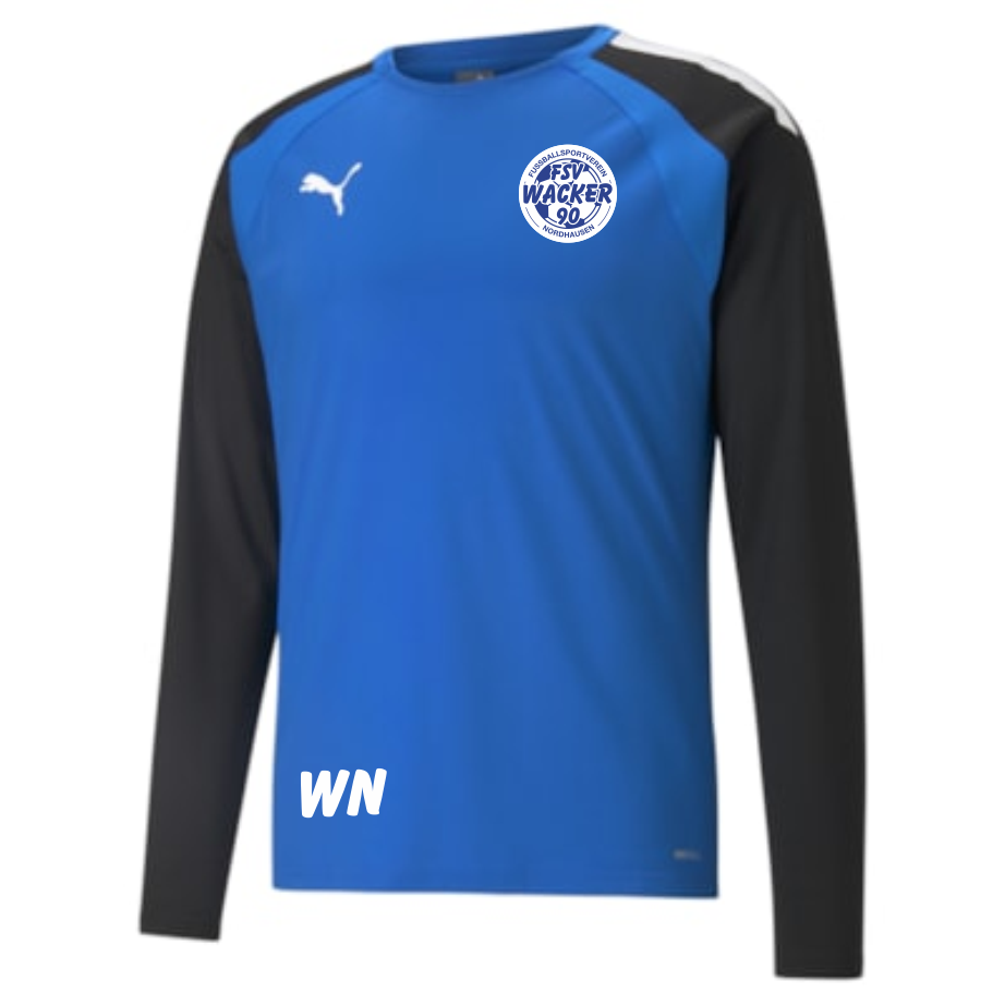 Blau-schwarzes teamLIGA Herren Training Sweatshirt des FSV Wacker 90 Nordhausen mit langen Raglanärmeln und weißen Streifen auf den Schultern. Auf der Brust sind das weiße Puma-Logo, das runde Vereinslogo des FSV Wacker 90 Nordhausen und die weißen Initia