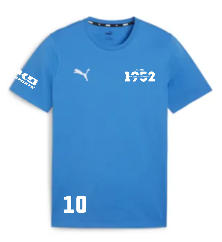 teamGOAL Kinder T-Shirt in Blau für TSV Aufbau 1952 Heiligenstadt, mit weißem Puma-Logo, KD SPORTS-Emblem auf dem Ärmel, dem Schriftzug 'TSV Aufbau 1952' und der Nummer 10 auf der Vorderseite.