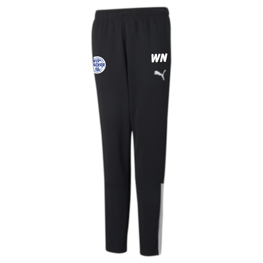 Schwarze teamLIGA Kinder Training Pants des FSV Wacker 90 Nordhausen mit dem blau-weißen Vereinslogo links, weißem Puma-Logo und 'WN' Schriftzug rechts sowie weißen Seitenstreifen an den Unterschenkeln.