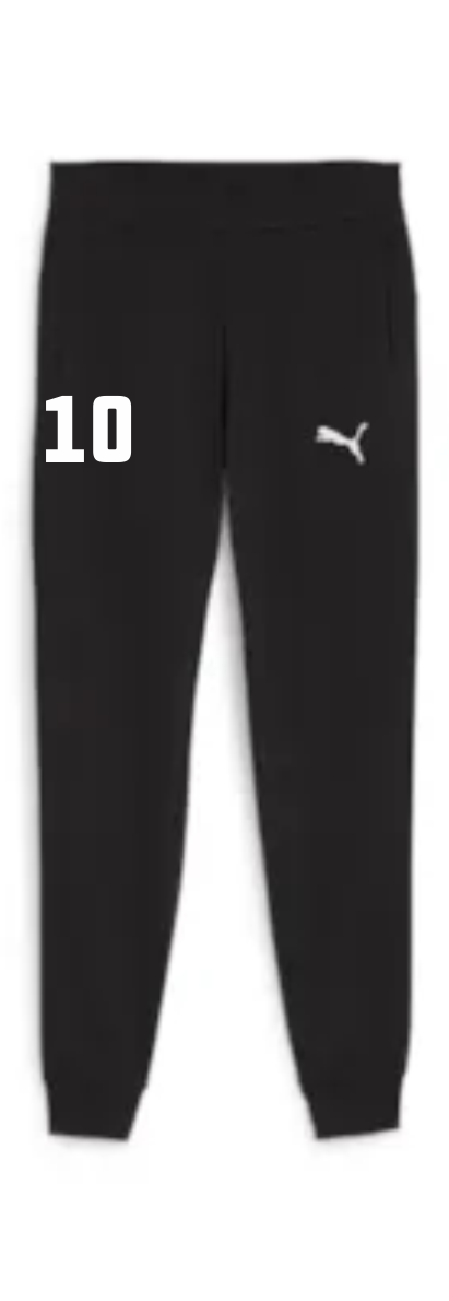 Schwarze teamGOAL Herren Casuals Jogginghose mit weißem Puma-Logo am rechten Oberschenkel und großer weißer Nummer '10' am linken Oberschenkel, personalisierbar mit Initialen oder Nummer.