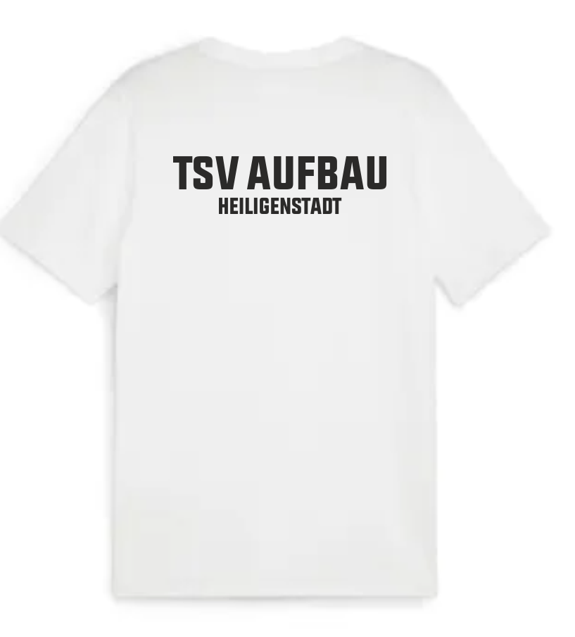 Rückseite eines weißen teamGOAL Herren T-Shirts mit dem schwarzen Aufdruck 'TSV AUFBAU HEILIGENSTADT' auf dem Rücken.