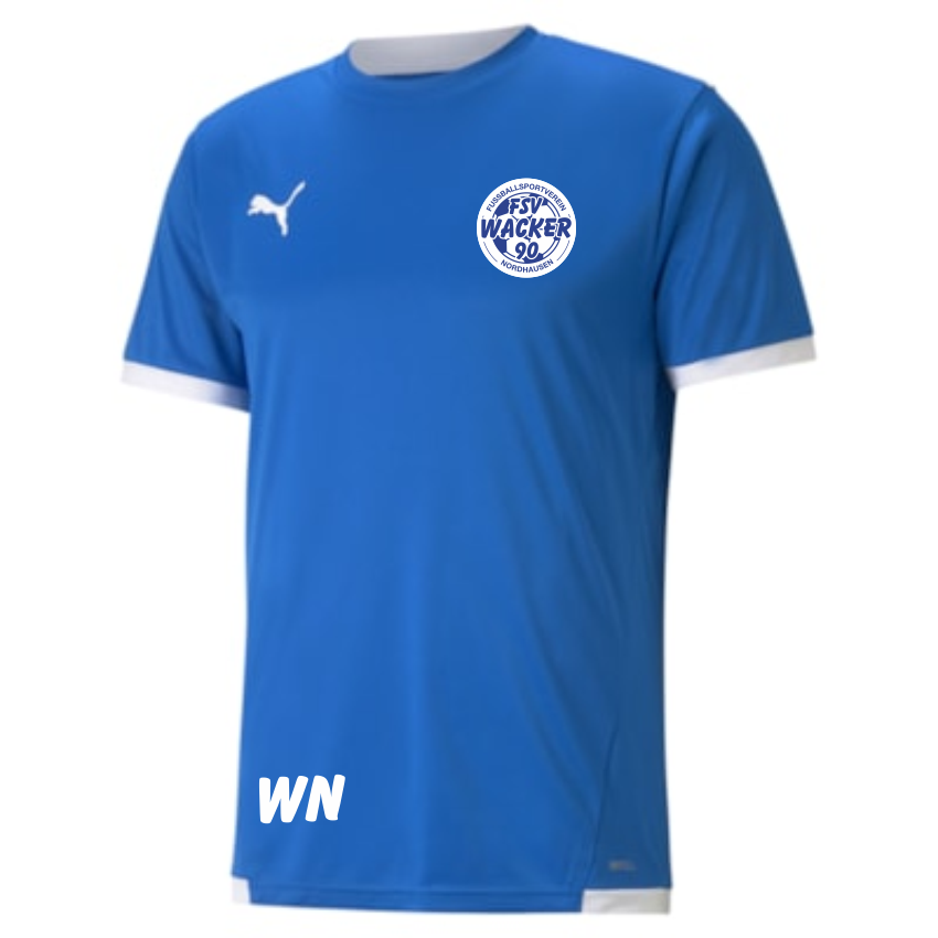 teamLIGA Kinder Jersey - FSV Wacker 90 Nordhausen. Blaues Fußballtrikot mit weißen Ärmelbündchen und Rundhalskragen. Auf der Brust sind das weiße Puma-Logo und das Vereinswappen des FSV Wacker 90 Nordhausen zu sehen.