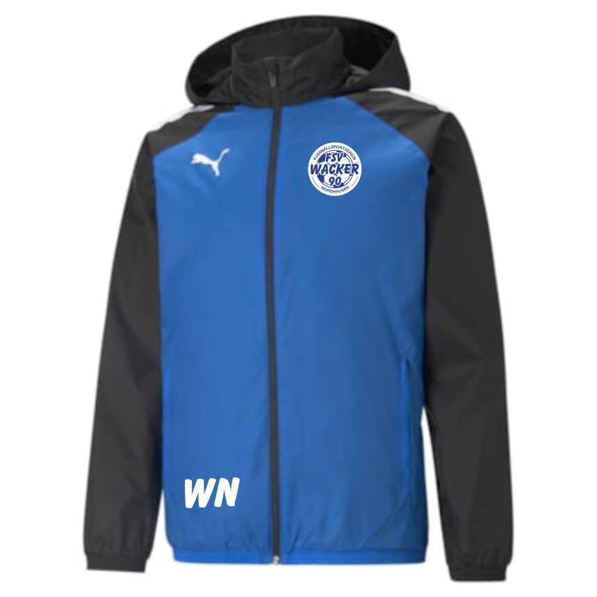 teamLIGA Herren Allwetterjacke - FSV Wacker 90 Nordhausen in Blau und Schwarz, mit Kapuze, durchgehendem Reißverschluss, weißem Puma-Logo auf der rechten und dem Wappen des FSV Wacker 90 Nordhausen auf der linken Brust.