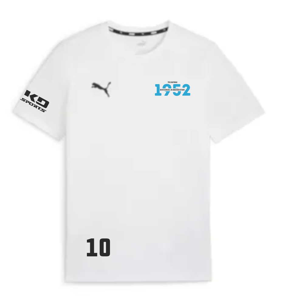 Weißes teamGOAL Herren T-Shirt des TSV Aufbau 1952 Heiligenstadt mit blauem Aufdruck 'TSV Aufbau 1952' und 'Dein Verein. In unserer Stadt.' auf der Brust, schwarzem Puma-Logo, 'KG SPORTS' Logo am Ärmel und der schwarzen Nummer 10 vorn.