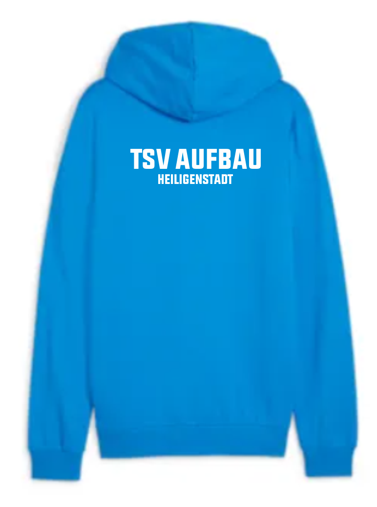 Rückansicht der teamGOAL Kinder Kapuzenjacke in leuchtendem Blau mit weißem Aufdruck 'TSV AUFBAU HEILIGENSTADT'.
