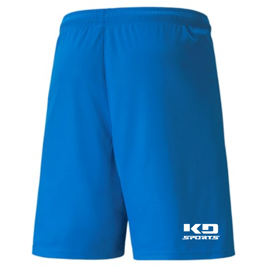 Rückansicht der teamLIGA Shorts Blau des 1. SC 1911 Heiligenstadt, einfarbig blau mit elastischem Bund und weißem KD SPORTS Logo am unteren rechten Bein.