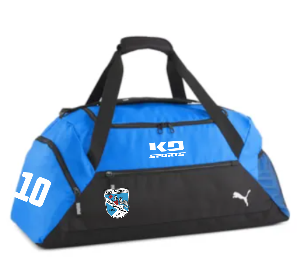 teamGoal Sporttasche des TSV Aufbau 1952 Heiligenstadt, blau-schwarz, mit KD Sports und Puma Logos, dem Wappen des TSV Aufbau 1952 Heiligenstadt und der Nummer 10.