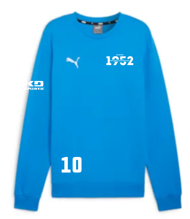 teamGOAL Kinder Sweatshirt in leuchtendem Blau mit weißem Puma-Logo, TSV Aufbau 1952 Heiligenstadt Vereinslogo auf der Brust und der Nummer 10 auf dem linken Ärmel.