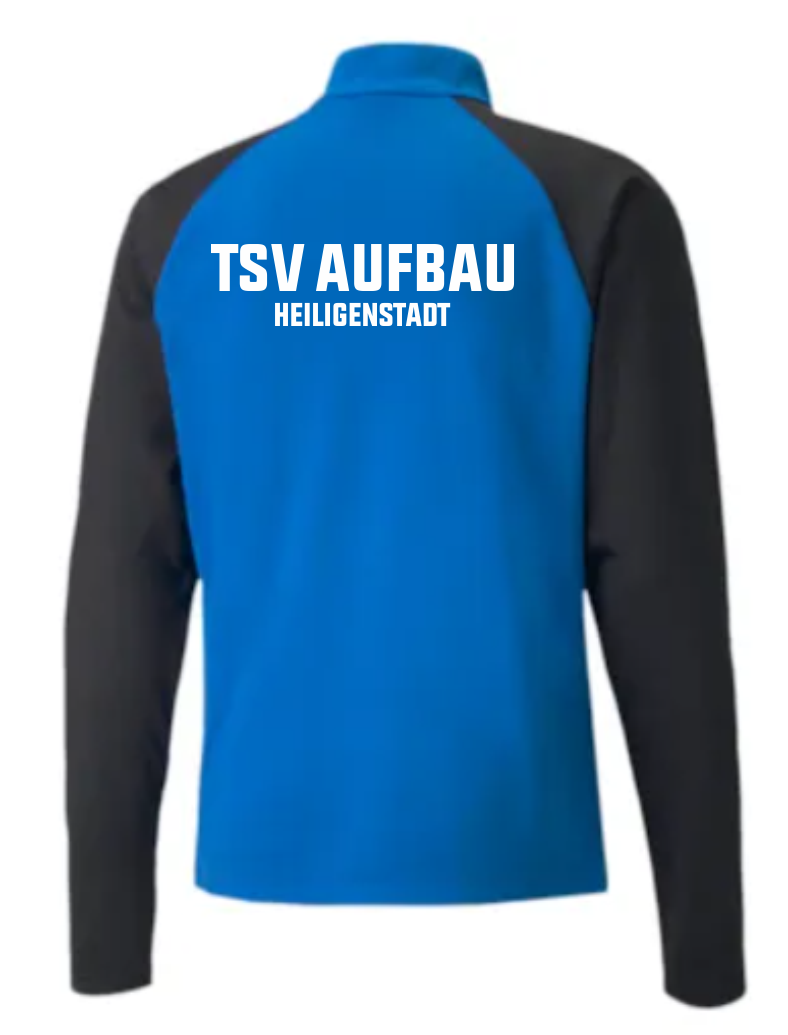 Rückansicht des teamLIGA Herren Zip Sweatshirts in Blau und Schwarz mit weißem Aufdruck 'TSV AUFBAU HEILIGENSTADT'.