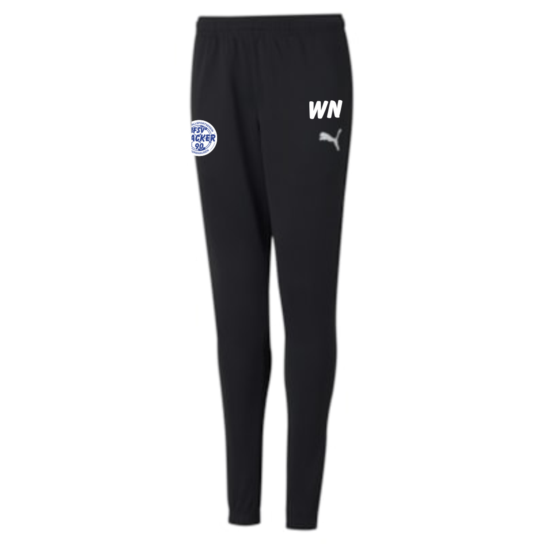 Schwarze teamRISE Kinder Poly Training Pants mit dem Logo des FSV Wacker 90 Nordhausen auf dem linken Oberschenkel, weißem 'WN'-Schriftzug und weißem Puma-Logo auf dem rechten Oberschenkel sowie Reißverschlüssen an den Knöcheln.