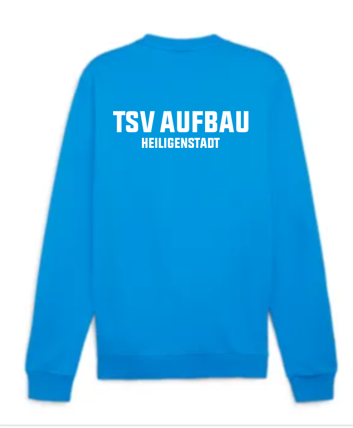 Rückansicht des teamGOAL Kinder Sweatshirts in leuchtendem Blau mit dem weißen Aufdruck 'TSV AUFBAU HEILIGENSTADT'.