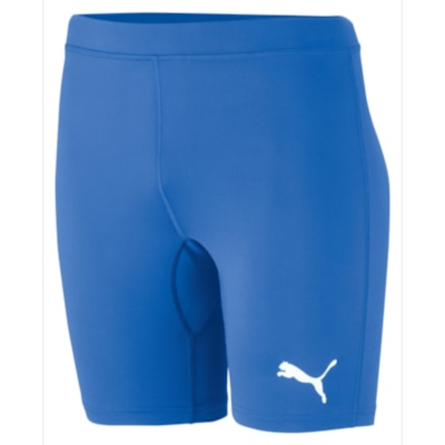 teamLIGA Baselayer Funktionsshorts von Puma in leuchtendem Blau, eng anliegend, mit weißem Puma-Logo am linken Bein. Ideal für Sport und Training.