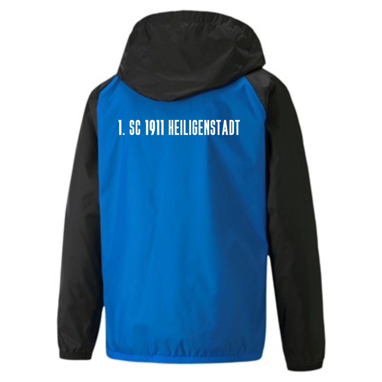 Rückansicht der teamLIGA Kinder Allwetterjacke. Die Jacke ist blau mit schwarzen Ärmeln und Kapuze. Auf dem Rücken steht in weißer Schrift '1. SC 1911 HEILIGENSTADT'.
