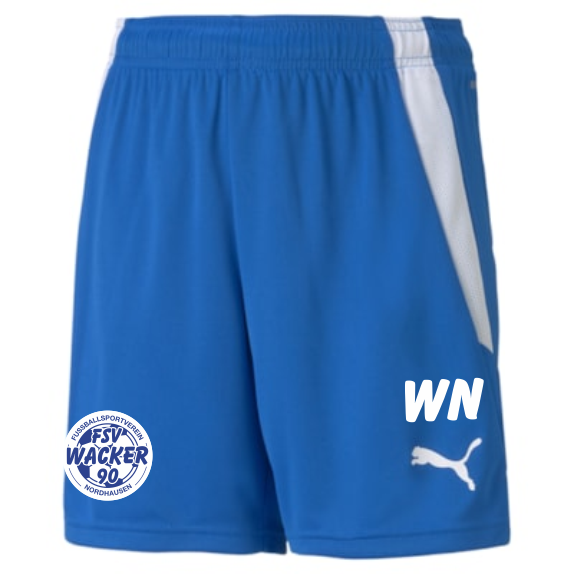 teamLIGA Kinder Shorts in Blau mit Logo des FSV Wacker 90 Nordhausen am linken Bein, einem weißen Seitenstreifen und weißem Puma-Logo am rechten Bein.