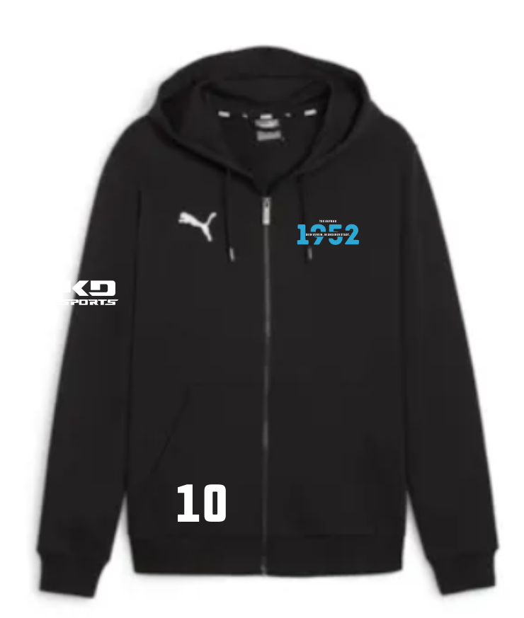 Schwarze teamGOAL Kinder Kapuzenjacke mit durchgehendem Reißverschluss, dem weißen Puma-Logo auf der linken Brust, dem blauen 'TSV Aufbau 1952 Heiligenstadt'-Emblem auf der rechten Brust, dem weißen KD SPORTS-Logo am linken Ärmel und der weißen Nummer 10